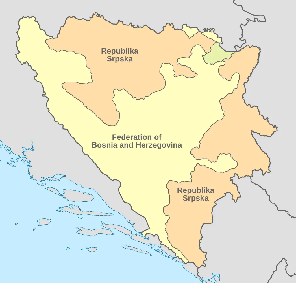 Map of Bosnia and Herzegovina showing the location of Republika Srpska, the Federation of Bosnia and Herzegovina, and the Brčko District.